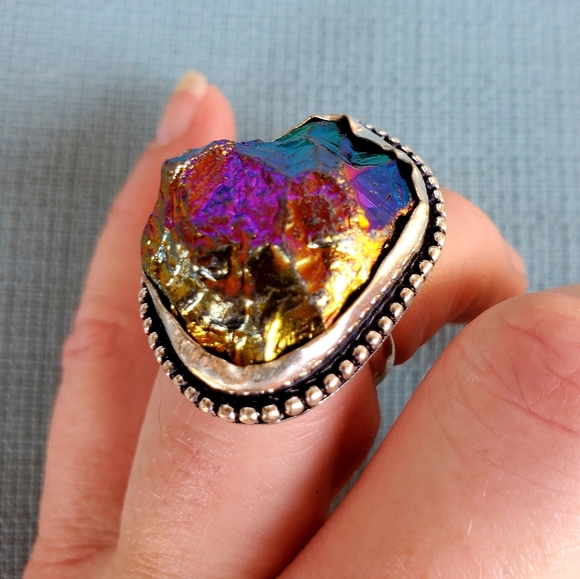 New Rainbow Titanium Crystal Quartz 925 Silver Statement Ring. - Picture 3 of 12